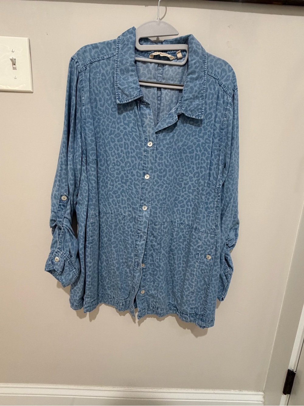 Soft Surroundings Denim Cheetah Print Roll-tab Sleeve Shirt/Jacket Sz XL EUC